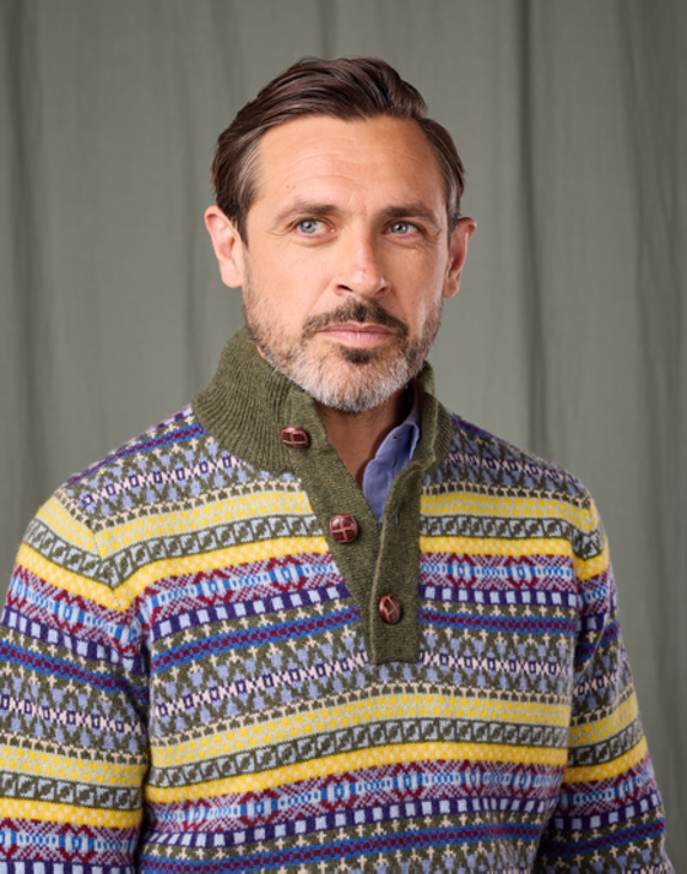 Fair Isle Button Neck Jumper - Green/Red/Yellow