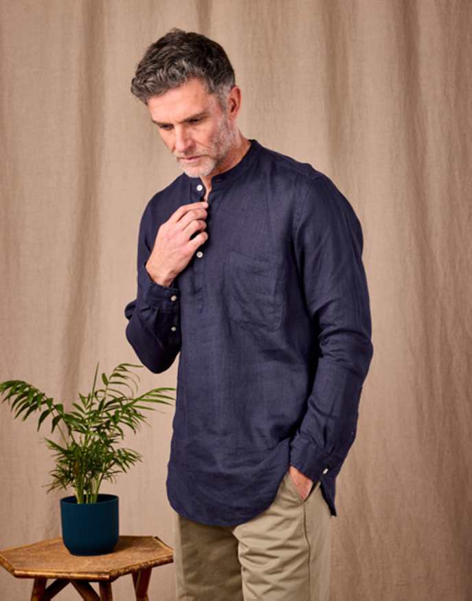 Linen Grandad Half Placket Shirt - Navy Half Placket | Joseph Turner