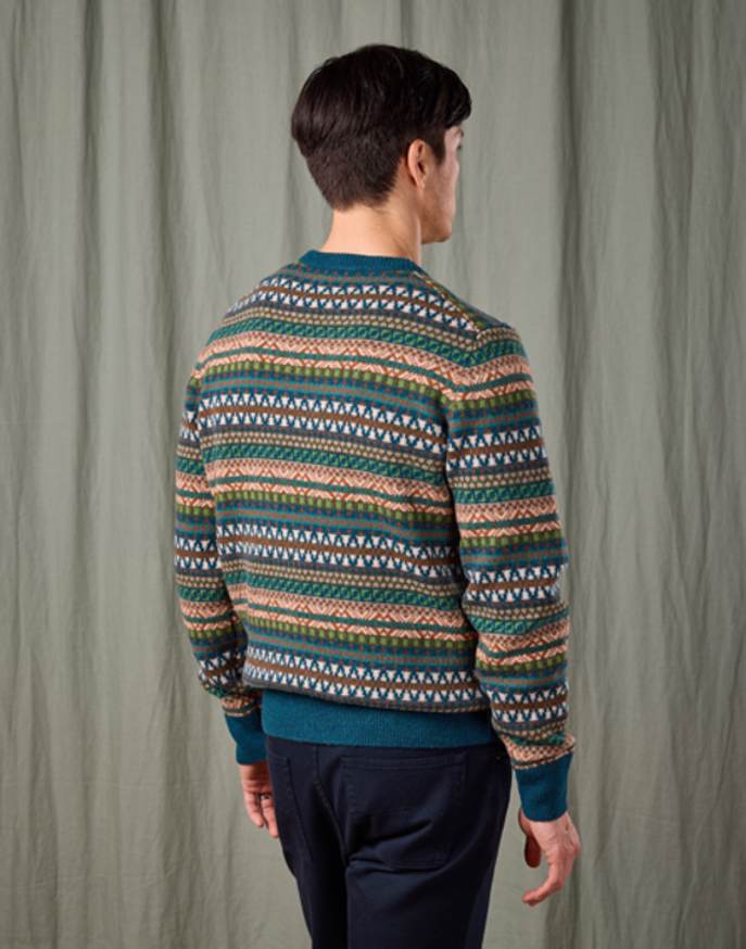 Fair Isle Crew Neck Jumper - Teal/Orange