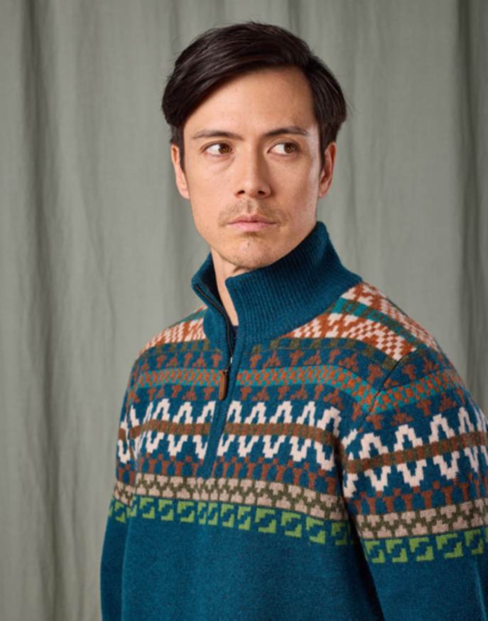 Fair Isle Half Zip Jumper - Teal/Orange