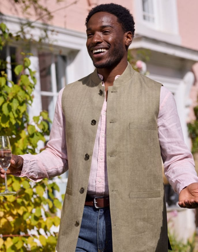 Wool/Linen Nehru Gilet - Light Olive Herringbone