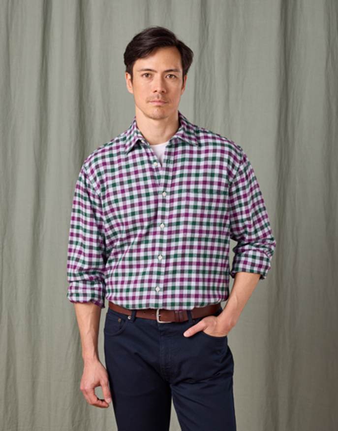 Brushed Cotton Check Shirt - Green/Purple