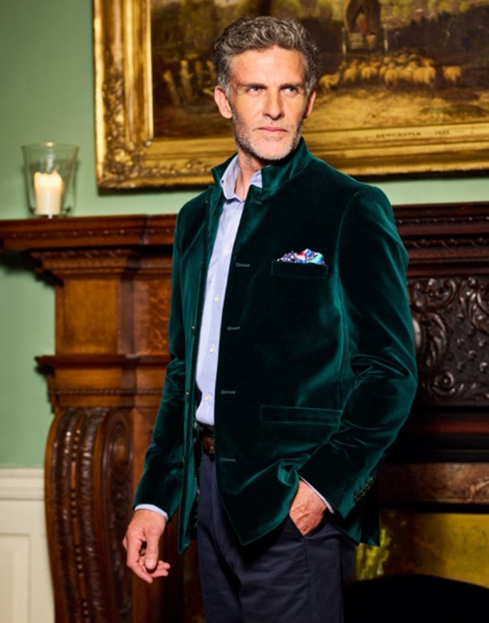 Velvet Nehru Jacket - Bottle Green | Joseph Turner