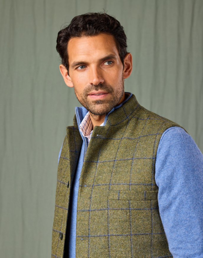 Tweed Nehru Gilet - Olive/Blue
