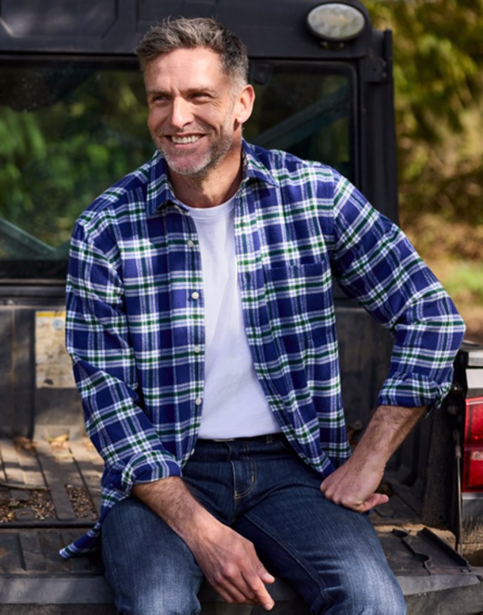 Brushed Cotton Check Shirt - Dark Blue/Olive
