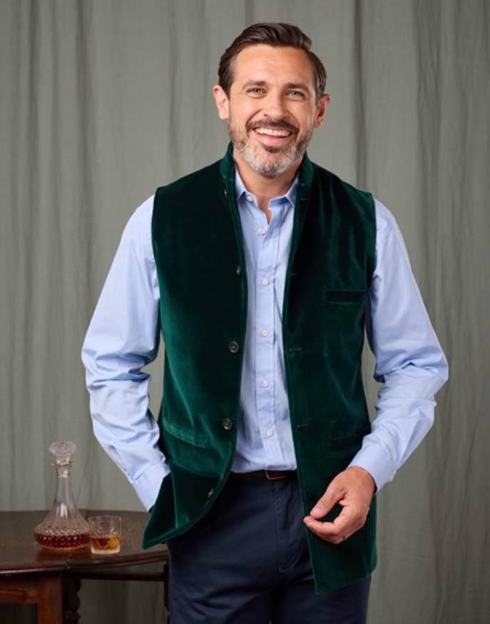 Velvet Nehru Gilet - Bottle Green