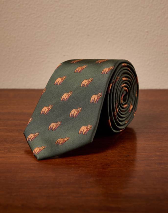 Brown Bear on Green Woven Silk Tie