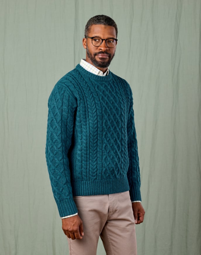 Aran Crew Neck Jumper - Teal
