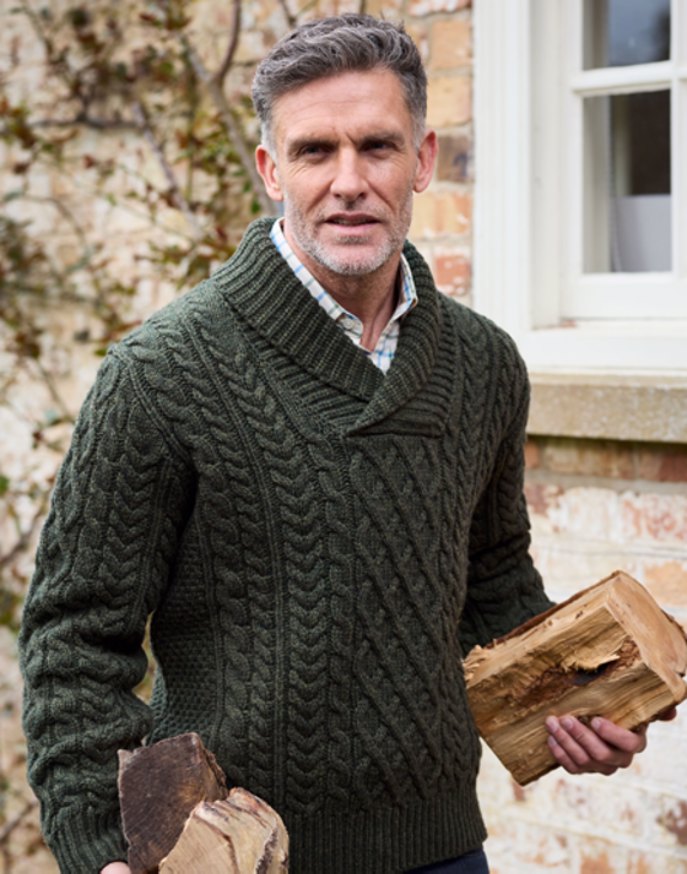 Aran Shawl Collar Jumper - Dark Green