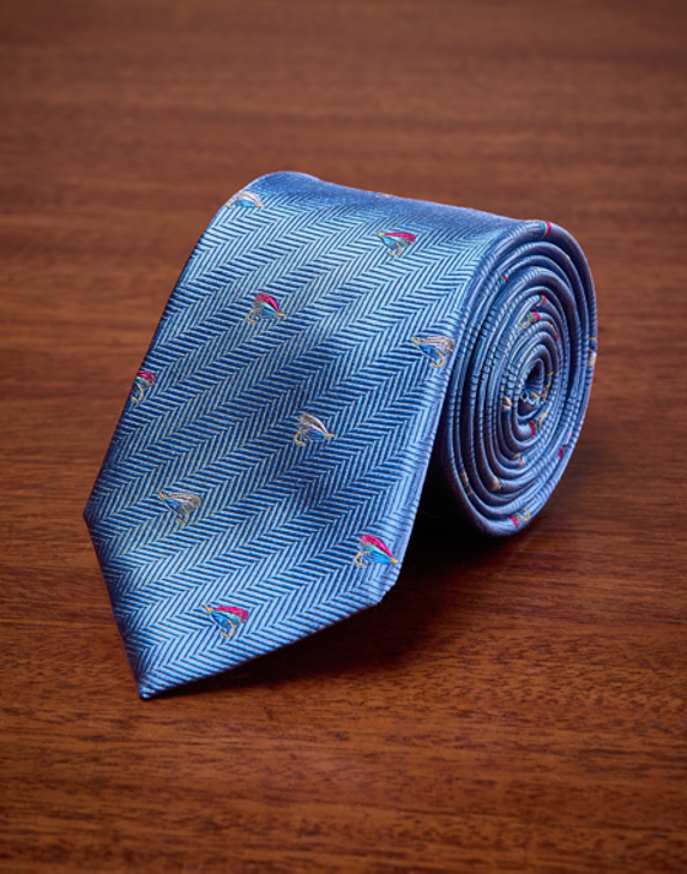 Fishing Flies on Blue Woven Silk Tie
