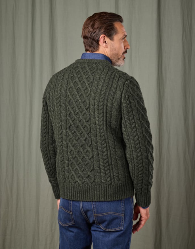 Aran Crew Neck Jumper - Dark Green
