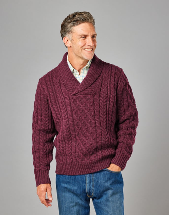 Aran Shawl Collar Jumper - Wine