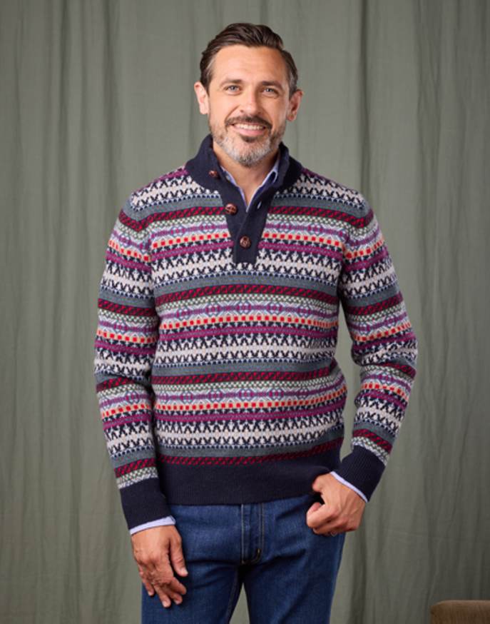 Fair Isle Button Neck Jumper - Blue/Red
