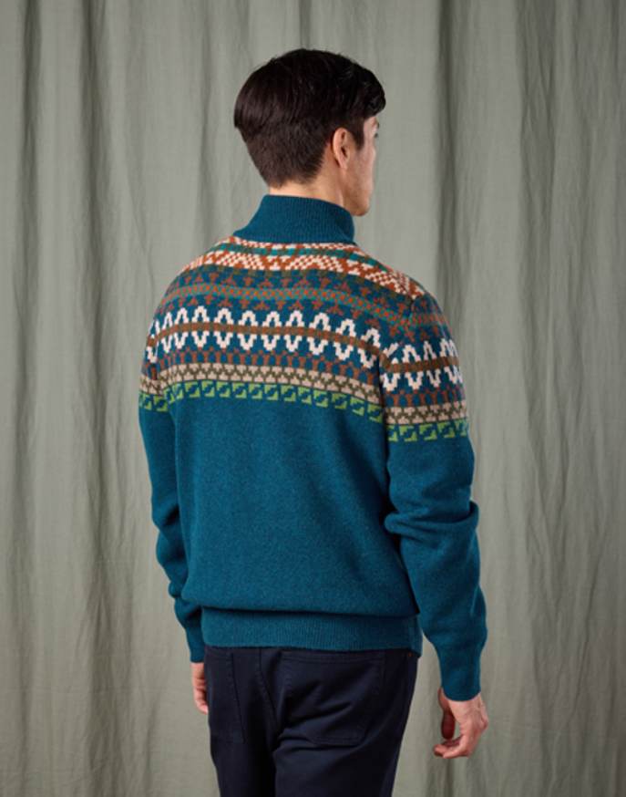 Fair Isle Half Zip Jumper - Teal/Orange