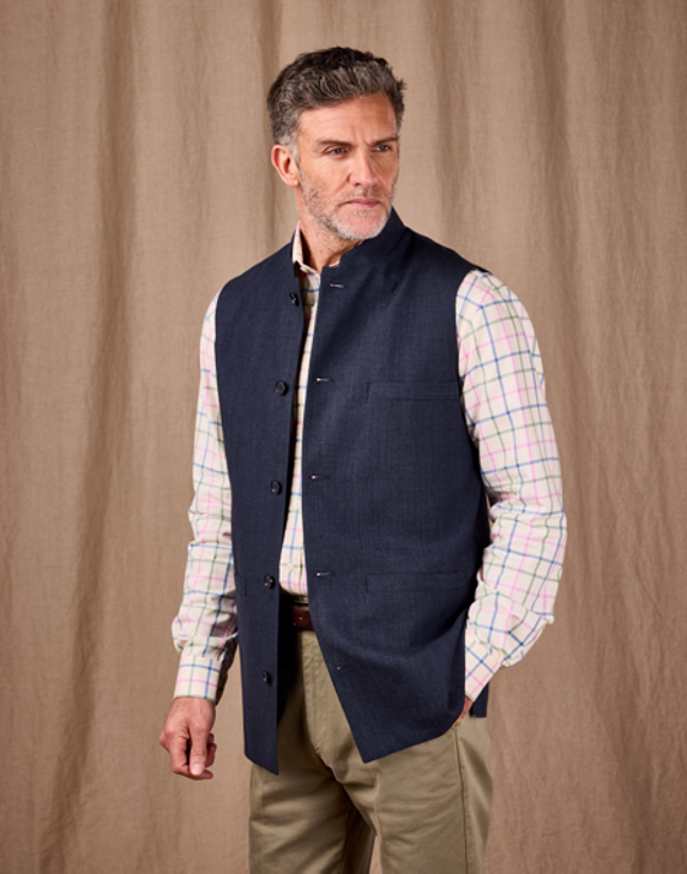 Wool/Linen Nehru Gilet - Navy Dogtooth