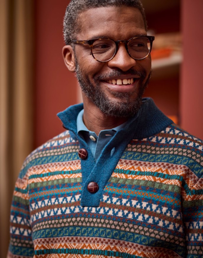 Fair Isle Button Neck Jumper - Teal/Orange