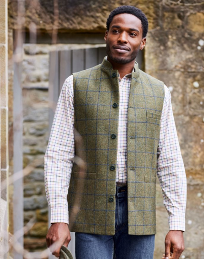 Tweed Nehru Gilet - Olive/Blue