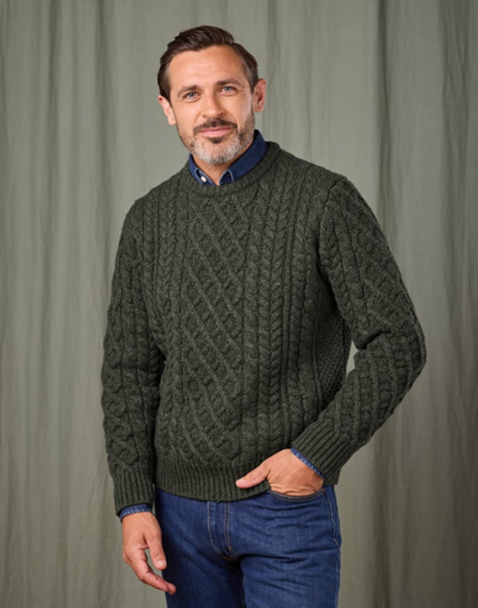 Aran Crew Neck Jumper - Dark Green