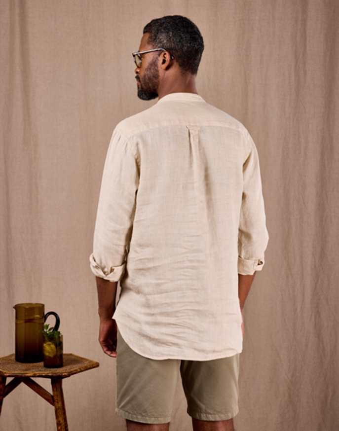 Linen Grandad Half Placket Shirt - Stone