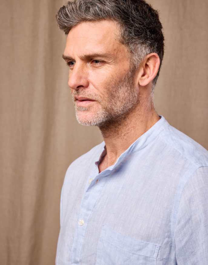 Linen Grandad Half Placket Shirt - Light Blue