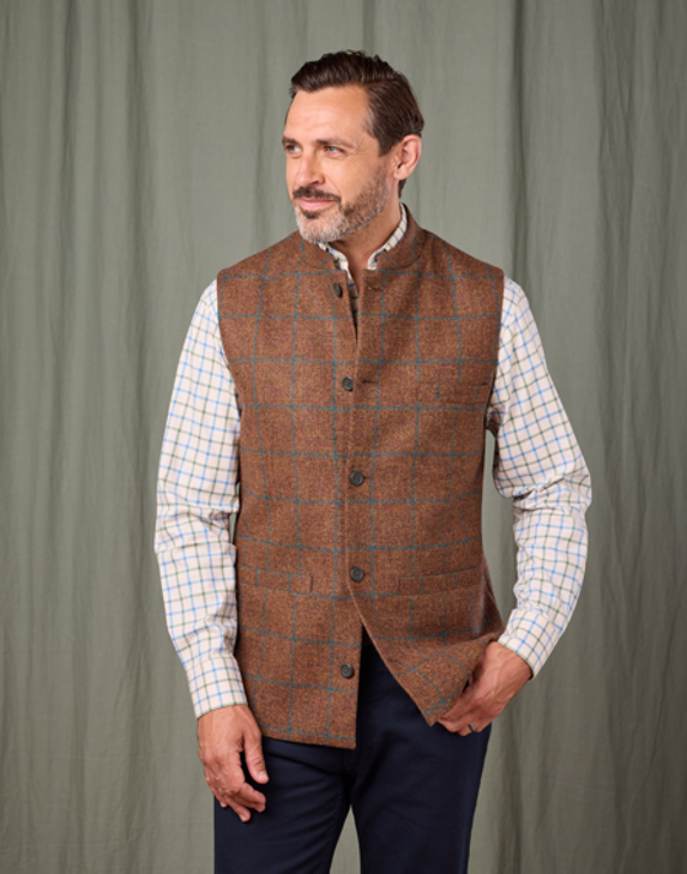 Tweed Nehru Gilet - Brown/Green