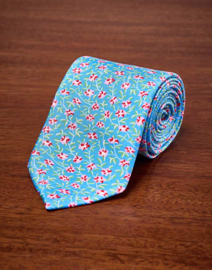 Blue/Pink Floral Printed Silk Tie