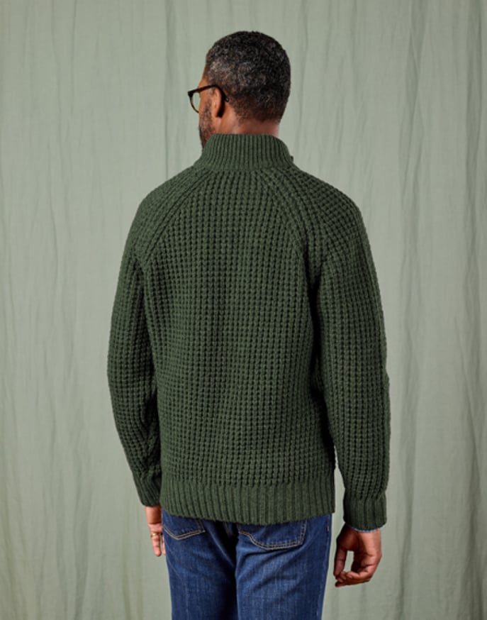 Waffle Button Neck Jumper - Dark Green