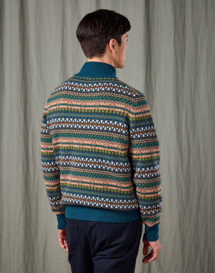 Fair Isle Button Neck Jumper - Teal/Orange