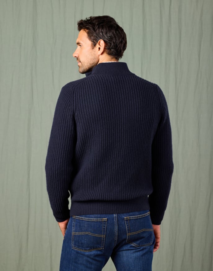 Lambswool Whitby Zip Cardigan - Navy | Joseph Turner