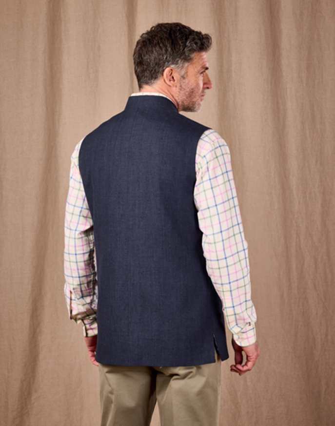 Wool/Linen Nehru Gilet - Navy Dogtooth