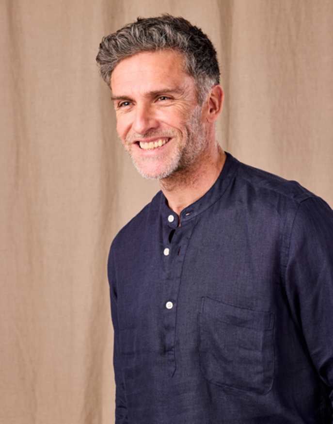 Linen Grandad Half Placket Shirt - Navy