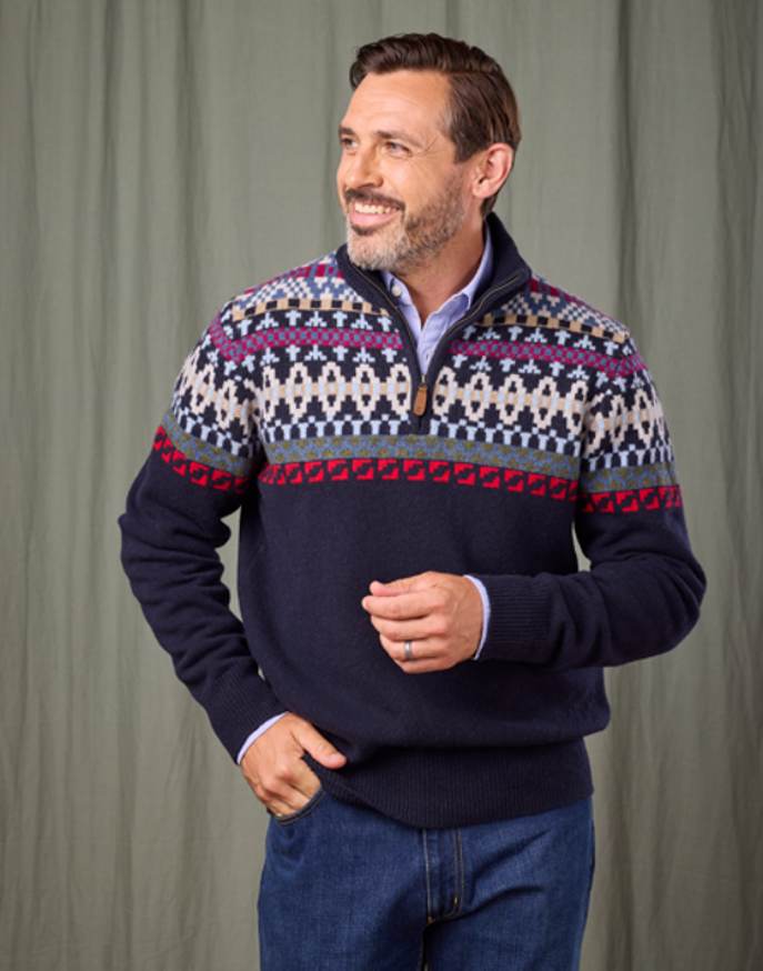 Fair Isle Half Zip Jumper - Blue/Red