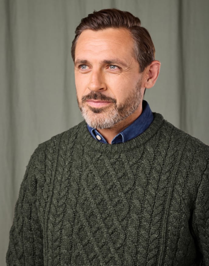 Aran Crew Neck Jumper - Dark Green