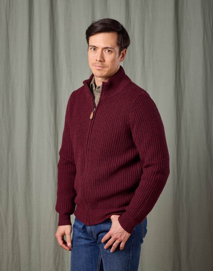 Lambswool Whitby Zip Cardigan - Burgundy