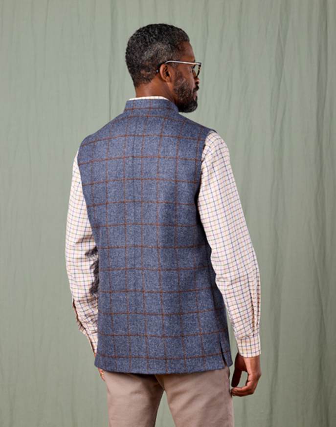 Tweed Nehru Gilet - Navy/Burnt Orange