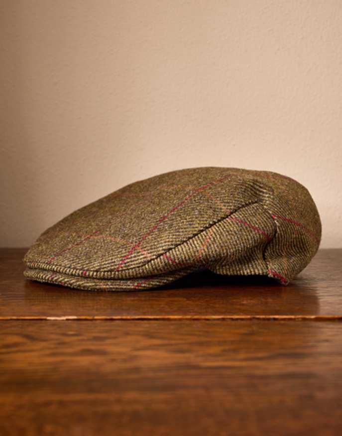 British Tweed Flat Cap - Olive/Red (Waterproof)