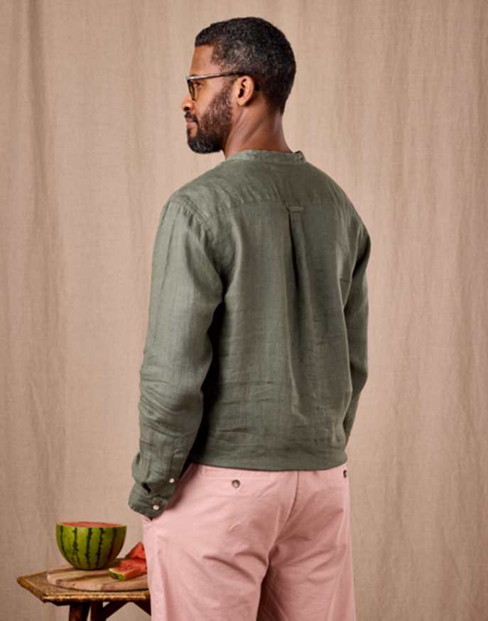 Linen Grandad Half Placket Shirt - Dark Olive