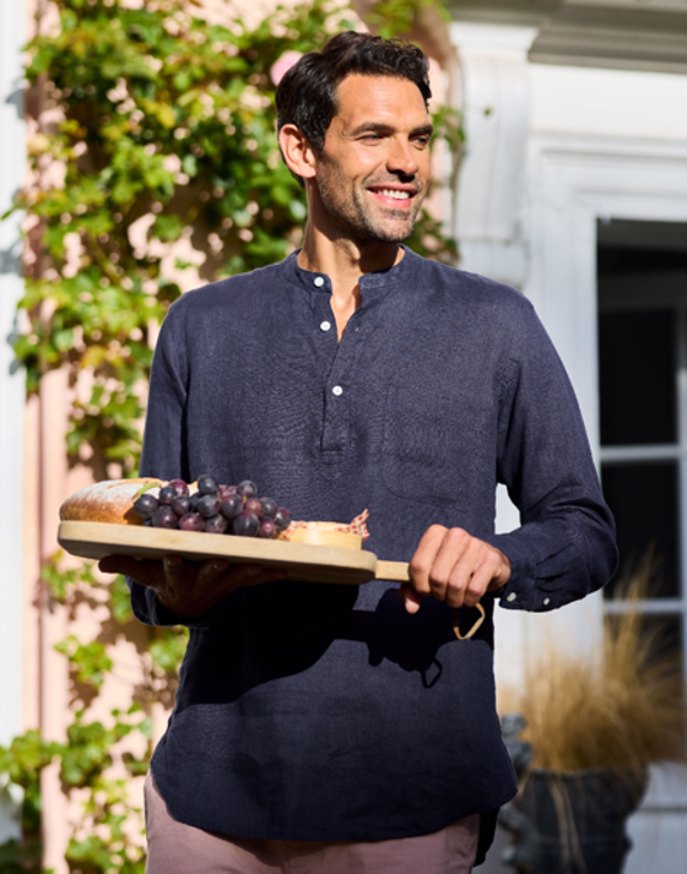 Linen Grandad Half Placket Shirt - Navy