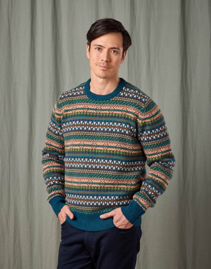 Fair Isle Crew Neck Jumper - Teal/Orange