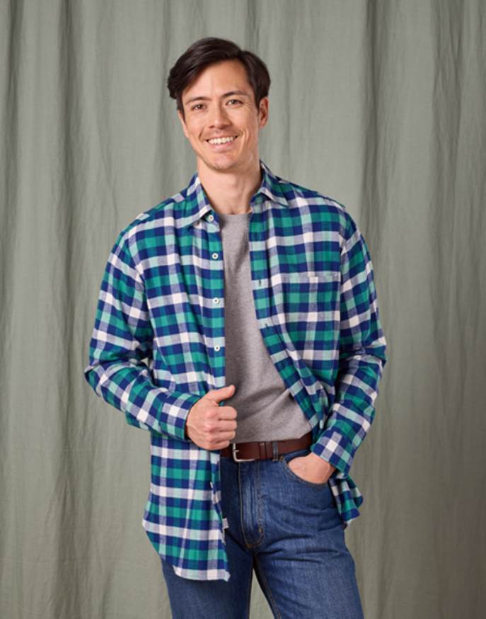 Brushed Cotton Check Shirt - Green/Navy