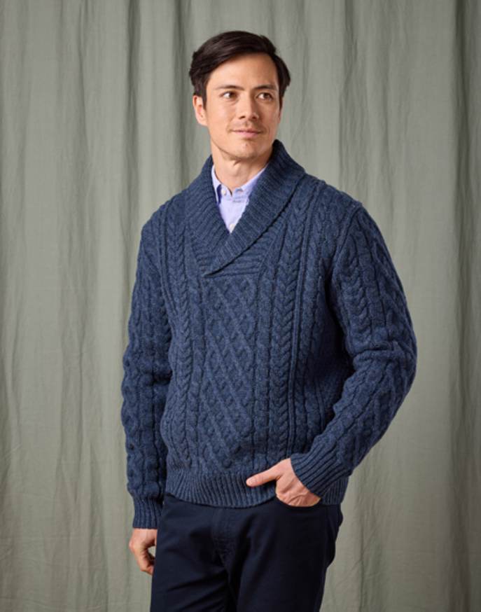 Aran Shawl Collar Jumper - Denim