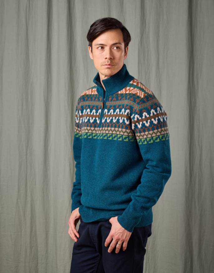Fair Isle Half Zip Jumper - Teal/Orange