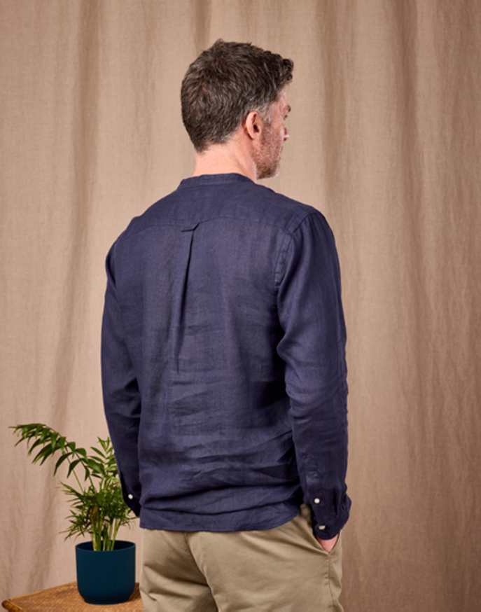 Linen Grandad Half Placket Shirt - Navy