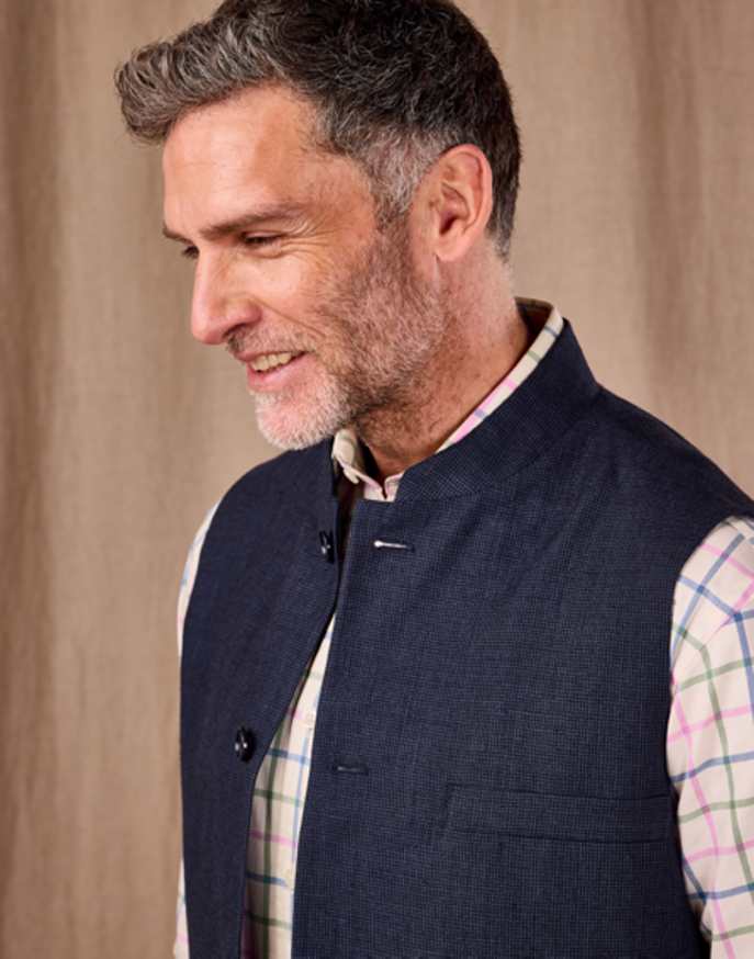 Wool/Linen Nehru Gilet - Navy Dogtooth