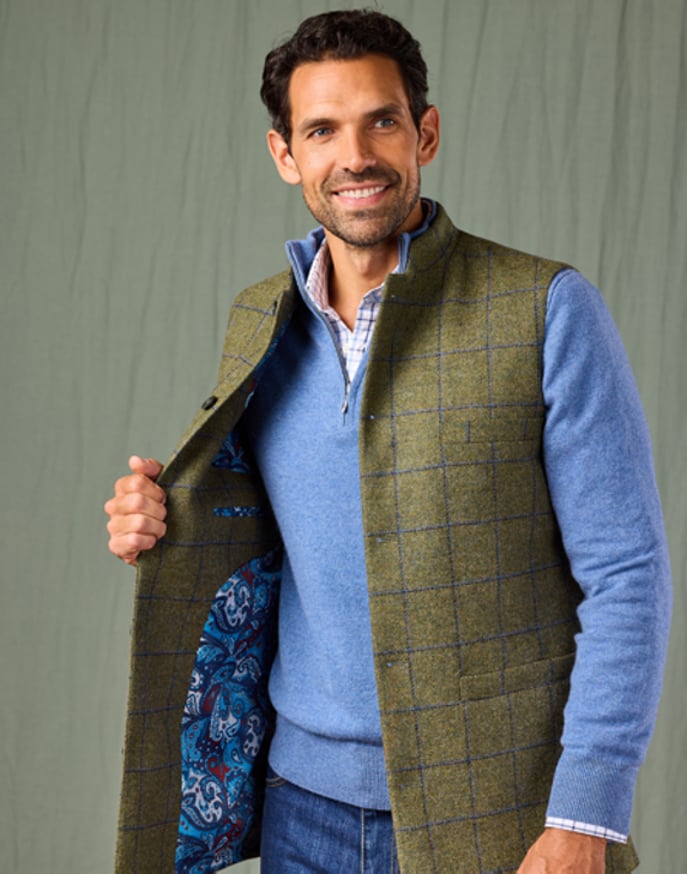 Tweed Nehru Gilet - Olive/Blue