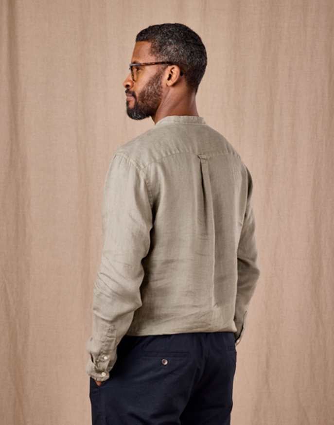 Linen Grandad Half Placket Shirt - Light Olive