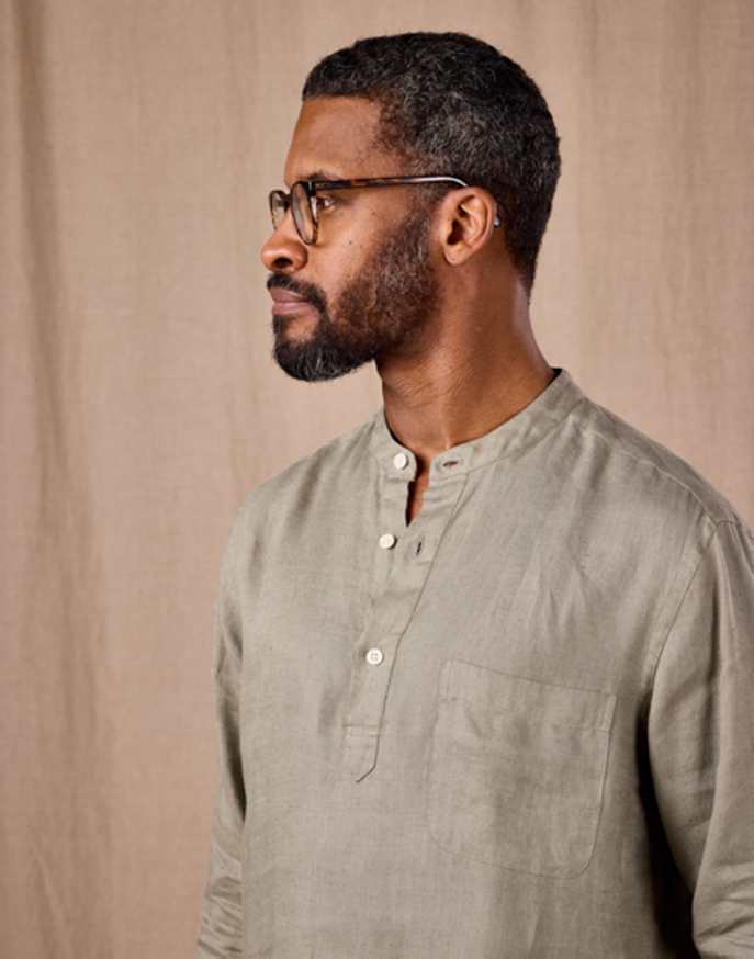 Linen Grandad Half Placket Shirt - Light Olive Half Placket