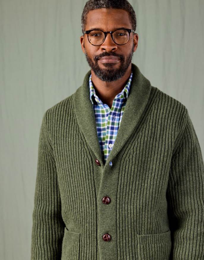Whitby Shawl Collar Cardigan - Green | Joseph Turner