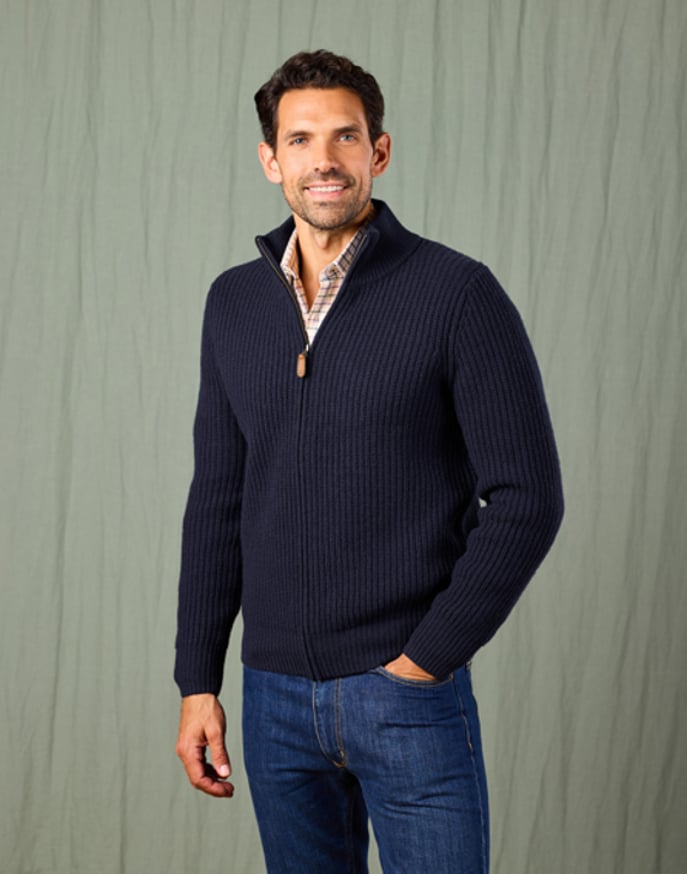 Lambswool Whitby Zip Cardigan - Navy | Joseph Turner