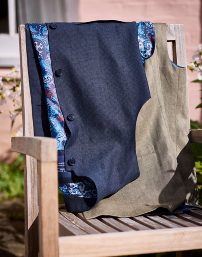 Wool/Linen Nehru Gilet - Navy Dogtooth